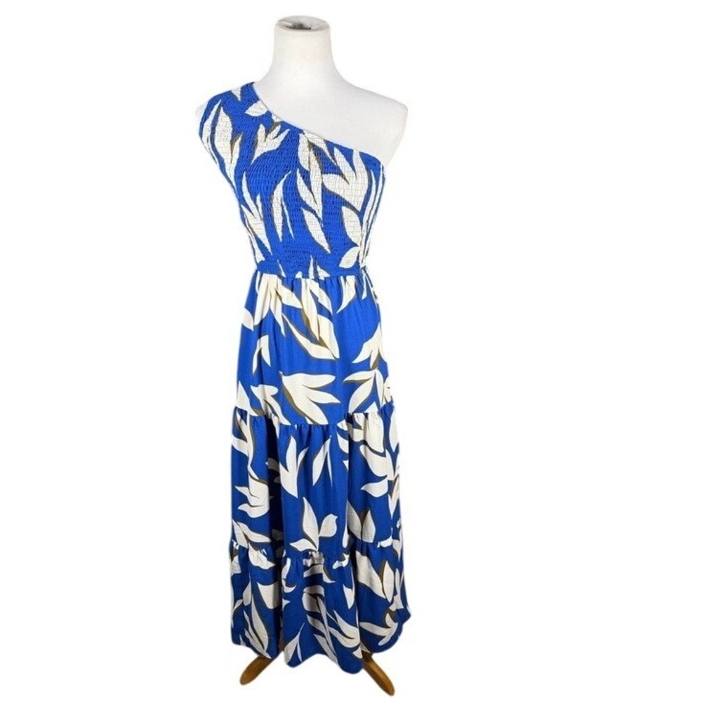 Fashion Maxi Dress Womens S 7286 Blue Tropical Leaf Smocked One Shoulder Tiered